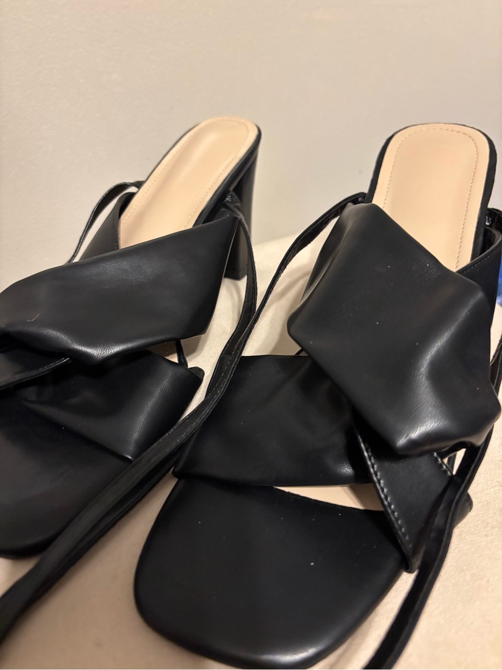 Black Slide Mule Heels with Knotted Strap